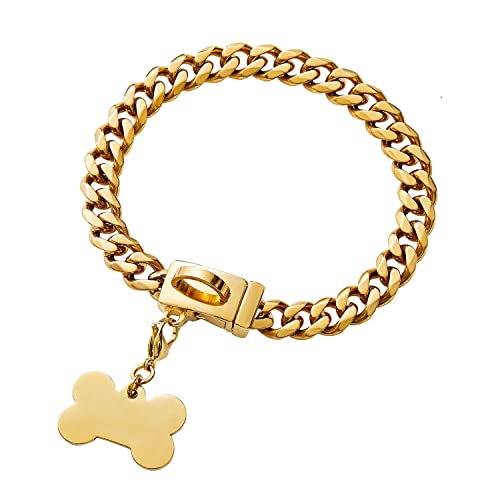 Yowity Starkes goldfarbenes Edelstahl-Hundehalsband mit einfacher Verriegelung und Entriegelungsschnalle, 18 Karat vergoldet, kubanische Gliederkette, Hundehalsband für mittelgroße und große Hunde Yowity Starkes goldfarbenes Edelstahl-Hundehalsband mit einfacher Verriegelung und Entriegelungsschnalle, 18 Karat vergoldet, kubanische Gliederkette, Hundehalsband für mittelgroße und große Hunde von Yowity