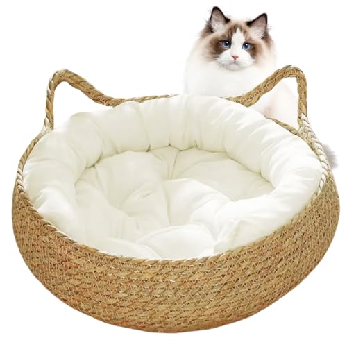 Yoyakie Katzenbett, 15 x 5 Zoll 2-in-1 gewebte Katzenkörbe mit weichem Kissen, runde Kratzfeste Kätzchenbett, Katzenhausbett, handgefertigtes runde Bett für Katze von Yoyakie