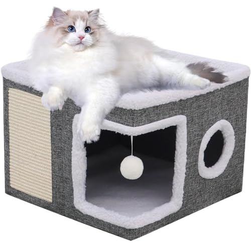 Faltbares Katzenhaus, 2 Schicht Katzenhaus Indoor Große Katzen, Große Katzenhöhle Mit Kratzbrett Und Spielball, Katzenhöhle Katzenbett Katzenhaus Kuschelhöhle Für Kleine Mittlere Haustiere Innenruhe Faltbares Katzenhaus, 2 Schicht Katzenhaus Indoor Große Katzen, Große Katzenhöhle Mit Kratzbrett Und Spielball, Katzenhöhle Katzenbett Katzenhaus Kuschelhöhle Für Kleine Mittlere Haustiere Innenruhe von Yplkm