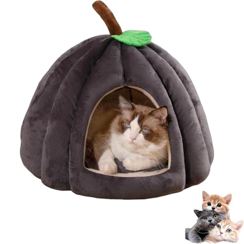 2025 Katzenhöhle in Kürbisform, Halloween-Katzenhaus mit abnehmbarem Kissen, flauschiges, warmes Kürbis-Katzenhaus für Hauskatzen, Kätzchen und kleine Hunde (Dunkelgrau, L) von Ysaca