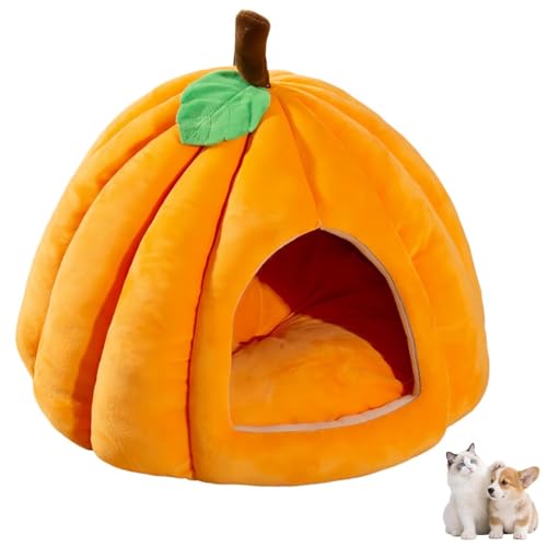 Kürbis Katzenbett, Halloween Katzenhöhle Haus mit Abnehmbarem Kissen, Niedliches Kürbisform Katzenzelt für Indoor-Katzen, Kätzchen & Kleine Hunde, Warmes Flauschiges Haustiernest (Orange, L) von Ysaca