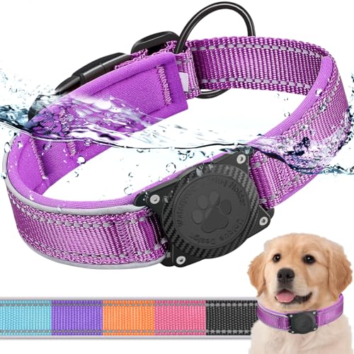 Ytanest Airtag Hundehalsband, Wasserdicht Integriertes Apple Air Tag Halter Halsband Verstellbar Reflektierend für Kleine, Mittler und Große Hund, Lila, XL von Ytanest