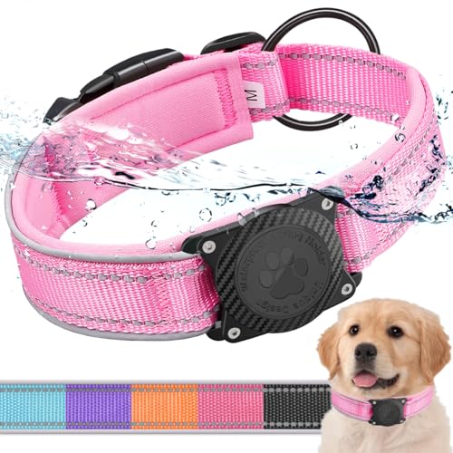 Ytanest Airtag Hundehalsband, Wasserdicht Integriertes Apple Air Tag Halter Halsband Verstellbar Reflektierend für Kleine, Mittler und Große Hund, Rosa, L von Ytanest