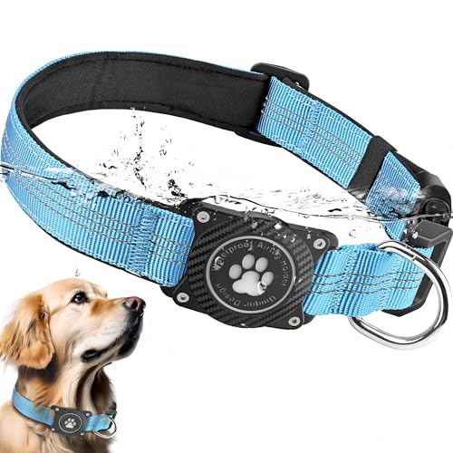 Ytanest Leuchtend Airtag Hundehalsband, Verstellbar Wasserdicht Apple Air Tag Halter Halsband Reflektierend für Kleine Mittler Große Hund, Blau, L von Ytanest