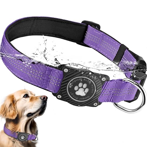Ytanest Leuchtend Airtag Hundehalsband, Verstellbar Wasserdicht Apple Air Tag Halter Halsband Reflektierend für Kleine Mittler Große Hund, Lila, XL von Ytanest