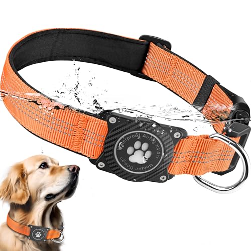 Ytanest Leuchtend Airtag Hundehalsband, Verstellbar Wasserdicht Apple Air Tag Halter Halsband Reflektierend für Kleine Mittler Große Hund, Orange, L von Ytanest