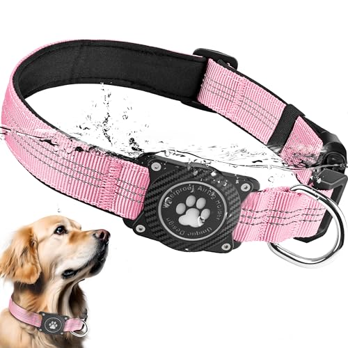 Ytanest Leuchtend Airtag Hundehalsband, Verstellbar Wasserdicht Apple Air Tag Halter Halsband Reflektierend für Kleine Mittler Große Hund, Rosa, XL von Ytanest