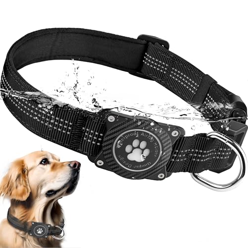 Ytanest Leuchtend Airtag Hundehalsband, Verstellbar Wasserdicht Apple Air Tag Halter Halsband Reflektierend für Kleine Mittler Große Hund, Schwarz, L von Ytanest
