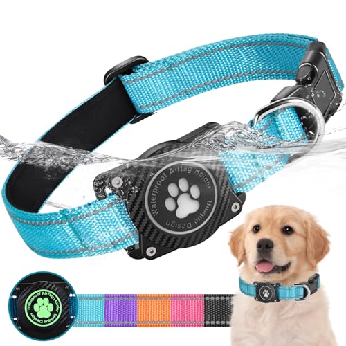 Ytanest Leuchtend Wasserdicht Airtag Hundehalsband, Verstellbar Reflektierend Air Tag Halter Halsband Reflektierend für Kleine Mittler Große Hund, Blau, M von Ytanest