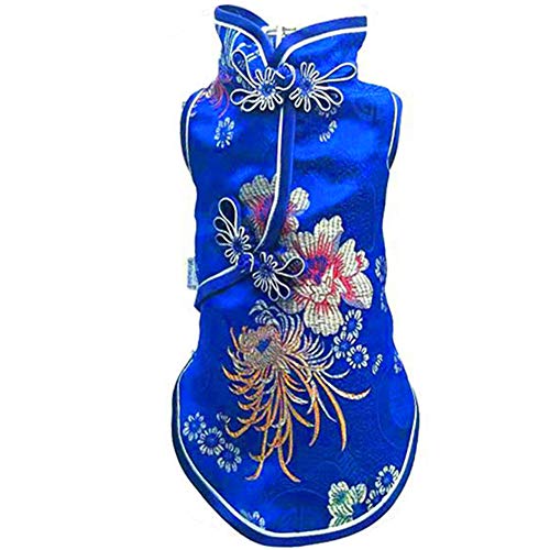 Yu-Xiang Pet Costume Tang Suit Dog Cheongsam Satin Clothes Chinese Style Clothing for Dogs Pet Skirt Puppy Cats Dress Dog Vest Tshirt (Blue, S) von Yu-Xiang