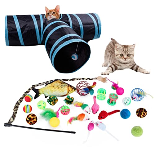 YuanDiann Katzenspielzeug Set Tunnel Katzen-Teaser Plüschmaus Kombinationsspielzeug Feder Interaktives Training Haustier Spielzeug 5#(27 Pack) von YuanDiann