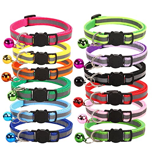 12 Pack reflektierende Katze Halsband Katze Breakaway Halsbänder Schnellspanner Schnalle Katze Halsbänder mit Glocke einstellbare Identifikation Halsbänder für kleine Tier Kätzchen männlich weiblich von Yuehuamech