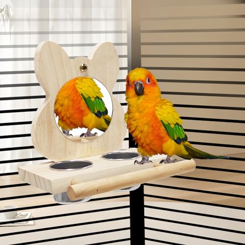 Vogelsitzstange mit Spiegel und 2 Fütterung Tassen Haustier Papagei Spiegel Spielzeug hölzerne Papagei Stand Feeder Vogelkäfig Hängematte Swing Spielzeug für Budgie Lovebird Sittich African Grey von Yuehuamech