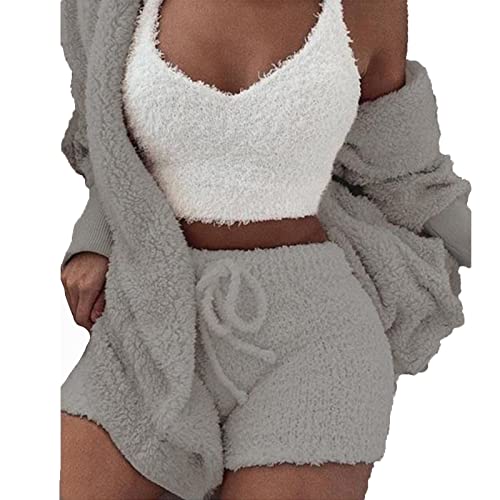 Yuehuamech 3Pcs Womens Pyjamas Hoodies Fleece Sexy Loungewear Outfit Strickwagen Weste Shorts Set Nachtwäsche Pjy Nachtwäsche Innen im Freien von Yuehuamech