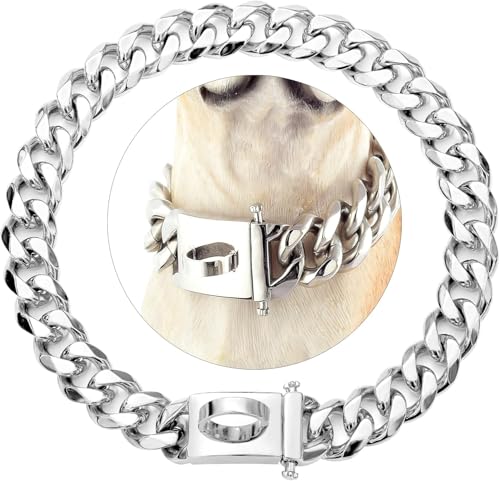 Yuehuamech Hundekette Halsbänder Heavy Duty Cuban Link Silber Hundekette Hundekette Kettenhalsband mit Metallschnalle D Ring für mittlere große Hunde Welpen Kostüm Zubehör von Yuehuamech