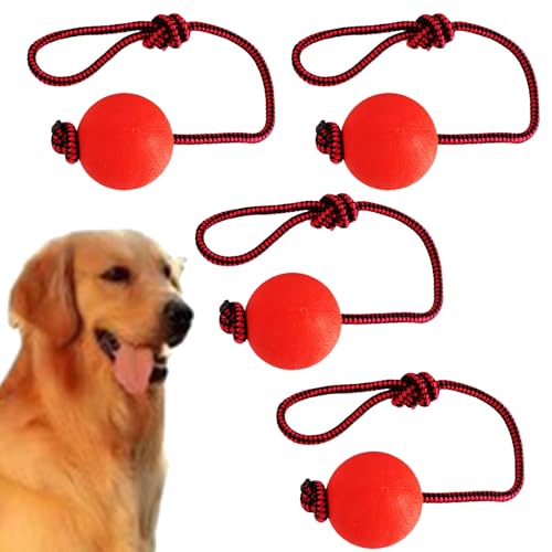 Yuelulala Hundeball aus Seil, Hundeball an einem Seil, langlebig, elastisch, interaktives Gummiball, Kauspielzeug zum Apportieren, Werfen und Zerren, 6,5 x 33 cm, Rot (A72-4), 4 Stück von Yuelulala
