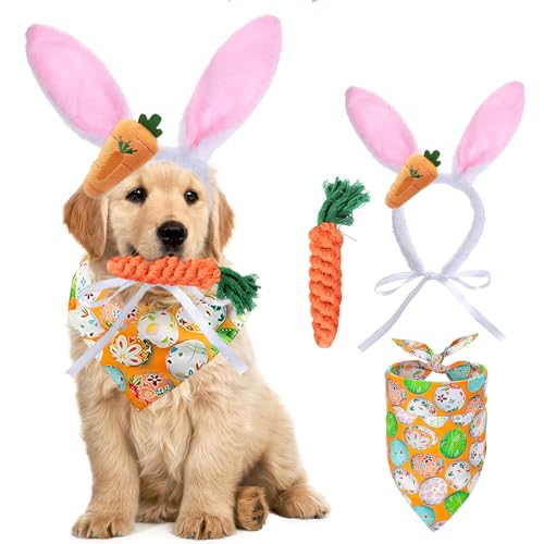 Yuelulala Osterhund Outfit Ostern Hund Geburtstag Set Ostern Dreieck Schal Hasenohren Kopfbedeckung Ostern Eegg Dreieckstuch Mini Party Hüte Kostüm Outfit (A130-1) von Yuelulala