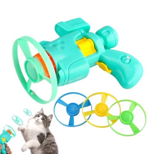 Yugugomo Katzenwurfspielzeug, Leuchtendes Katzenspielset, interaktives Katzenspielzeug mit 1 Werfer, 1 leuchtender Flying Disc, 3 normalen Flying Discs, für Innen, Außen und Katzenjagdspiel​ von Yugugomo
