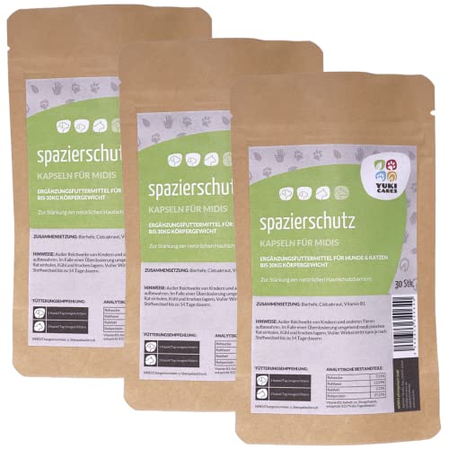 Spazierschutz Kapseln midi Monatspackung zur Unterstützung der Hautbarriere gegen Zecken und Flöhe für Hunde zwischen 10 und 30kg von Yuki cares