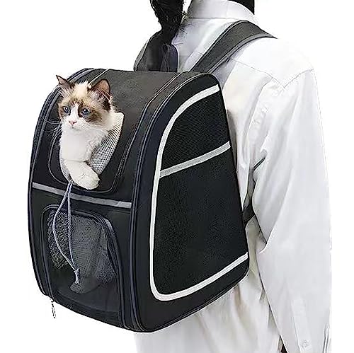 Katzen-Rucksack, Haustier-Reisetasche, Welpenhaustasche, Vordertasche mit atmungsaktivem Kopf-Out-Design, luftiger Platz, ideal für Welpen, Hunde, Katzen bis zu 6 kg, Schwarz von Yuly