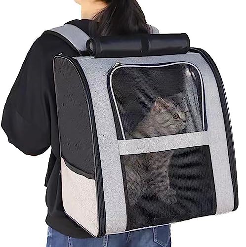 Katzentragerucksack, großer Raum mit atmungsaktivem Netz, faltbarer Haustier-Rucksack für Katzen und kleine Hunde, für Reisen, Camping, Wandern, Outdoor (grau) von Yuly