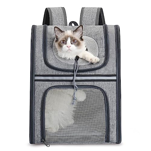 Rucksack für Katzen und Hunde, tragbar, atmungsaktiv, mit Netz-Fenstertaschen vorne, faltbar, für Reisen, Wandern und Spazierengehen, Grau von Yuly