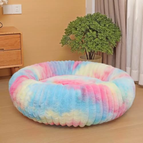Yuly Hundebett Rund für kleine und große Heimtiere, Katzenbett Donut, Weich & Warm, Hundekissen Hundesofa Kuscheliges Hundekorb Waschbar rutschfeste Unterseite (Regenbogen,120cm/47.2in) von Yuly