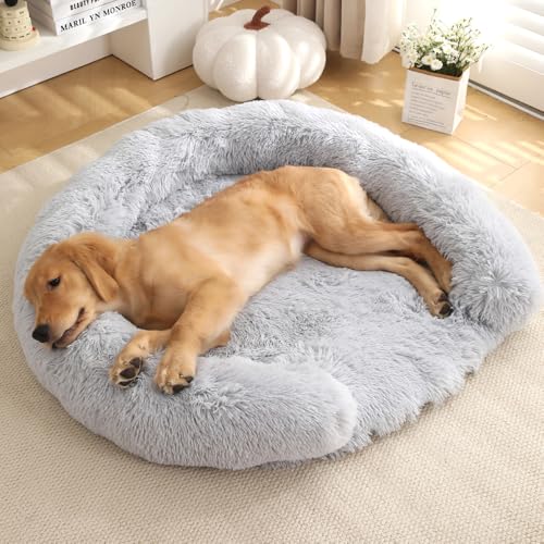 Yuly Orthopädisches Hundebett,Hundekorb,Ergonomisches Hundesofa,Hundematte,Langer Plüsch,Druckentlastenden Schaum,Bezug Abnehmbar Waschbar,Rutschfester Unterseite (50cm,Hellgrau) von Yuly