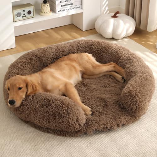 Yuly Orthopädisches Hundebett,Hundekorb,Ergonomisches Hundesofa,Hundematte,Langer Plüsch,Druckentlastenden Schaum,Bezug Abnehmbar Waschbar,Rutschfester Unterseite (50cm,Khaki) von Yuly