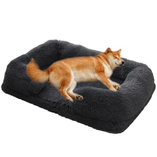 Yuly Orthopädisches Hundebett,Hundekorb Große Hunde,Hundesofa mit Eierförmiger Kistenschaum,Waschbar Hundekissen flauschig,rutschfeste Unterseite,Langer Plüsch (L-80x55x15cm,Dunkelgrau) von Yuly