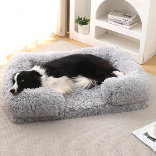 Yuly Orthopädisches Hundebett,Hundesofa mit Eierförmiger Kistenschaum,Hundekorb Große Hunde,rutschfeste Unterseite Hundekissen,Abnehmbar und Waschbar Hundebetten (XXL-130x90x22cm,Hellgrau) von Yuly