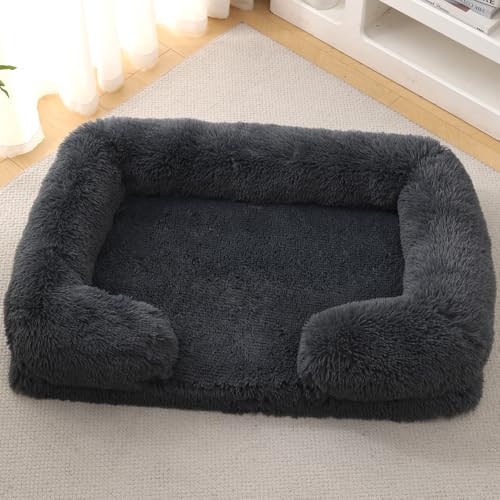 Yuly Orthopädisches Hundebett Grosse Hunde XXL,Hundesofa flauschig,Memory Foam,Langer Plüsch,Polsterung in der Mitte herausnehmbar,rutschfeste Unterseite,Wasserdicht (L-80x55x15cm,Dunkelgrau) von Yuly