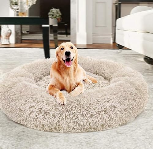 Yuly Warmes, extra großes Donut-Hundebett, beruhigendes Hundebett für große Hunde, Kunstfell, waschbar, selbstwärmend, rund, Plüsch-Hundebetten für große und mittelgroße Hunde (150 cm, Beige) von Yuly