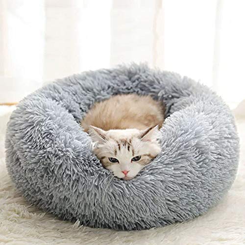 Yuly beruhigendes Haustierbett für Hunde und Katzen, Plüsch-Donut-Haustiernest, verbesserter Schlaf, rund, warm, mit rutschfester Unterseite, superweich, waschbar von Yuly