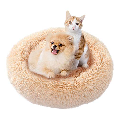 Yuly Flauschiges Haustierbett, groß, rund oder oval, Donut-Hundebett, Plüsch-Kuscheltier mit weichem Kissen, gemütlich, selbstwärmend, waschbar, rutschfest, 80 x 20 cm, Khaki von Yuly
