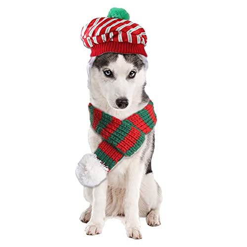 Hund Hut Schal Set Pet Wolle Weihnachten Rot Grün Kostüm Pet Gestrickte Hut mit Hals Wärmer für Lustige Cosplay Weihnachten Kleidung Weihnachten Party Foto Requisiten von Yumech