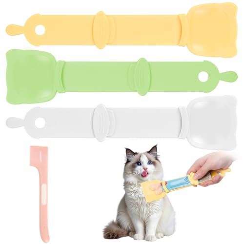 Yummy Sam 4 Stück Katzenfutterspender und Haustierfutter-Mixlöffel, Kätzchenstreifen, Quetschlöffel für Nassfutter und flüssige Snacks, leckbarer Püree-Leckerli-Snackspender, Futterschaufel für Welpen von Yummy Sam