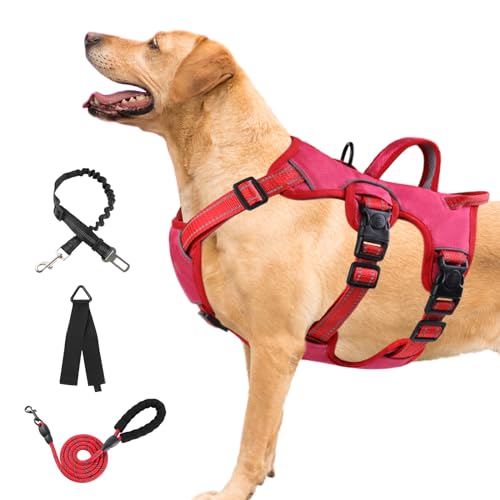 Ausbruchsicheres, mittelgroßes Hundegeschirr, 6-Punkt-verstellbar, weich gepolstert, Ganzkörper-Geschirr und Leine, reflektierende Weste mit Griff, für mittelgroße Hunde (Rosa, L) von Yungaspy