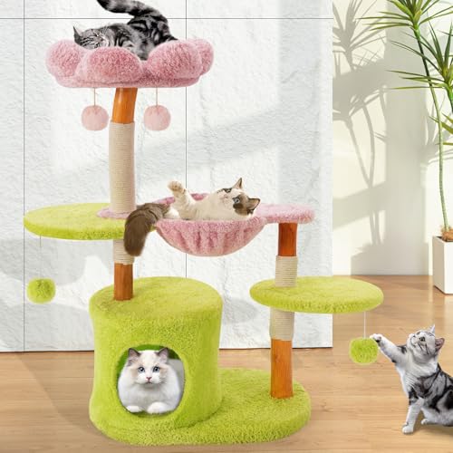Großer Katzenbaum für Indoor Katzen Groß Erwachsene, Katzen Kletterturm mit Kratzbaum, Katzenhütte Grün Holz Katzenbaum mit Katzenhängematte, Blume Katzenbäume, Modern Katzenbaum mit baumelnder Kugel von Yungaspy