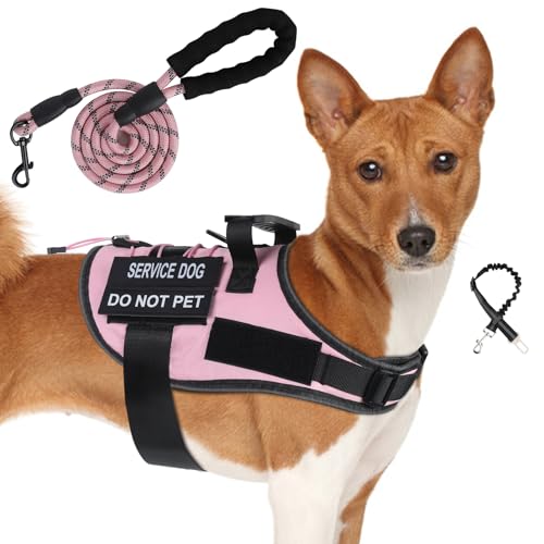 Hundegeschirr und Leine, Set mit 4 Patches, verstellbares Hundegeschirr mit Griff, Hundeweste, französische Bulldogge, Chihuahua (Rosa, M) von Yungaspy