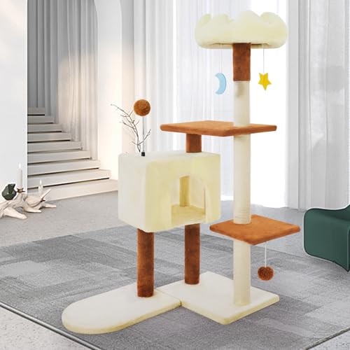 Kratzbaum mit Kratzbaum, hohe Katzenbäume für Indoor-Katzen, große Erwachsene, mehrstöckige, gemütliche Plüsch-Katzenhäuser und Wohnungsmöbel mit Sitzstange, Klettertürme (weiß), 104 cm von Yungaspy