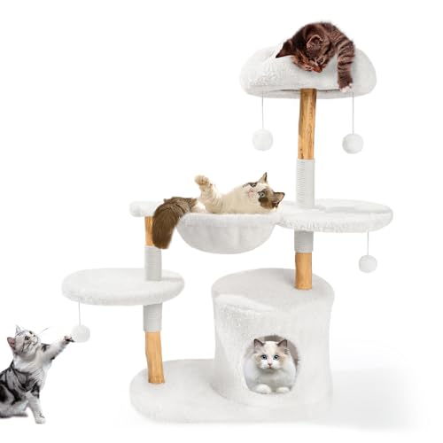 Niedlicher Katzenbaum für Indoor-Katzen und Erwachsene, Holzblumen-Katzenbäume mit Katzenhängematte, moderner Katzenbaum mit Kratzbaum, ästhetisches Luxus-Katzenhaus für Katzen, Kätzchen (Alpinweiß) von Yungaspy