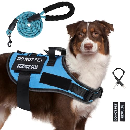 No Pull Hundegeschirr für große und mittelgroße Hunde, Service-Hundegeschirr und Leine, Set mit 4 Patches, verstellbares Hundegeschirr mit Griff, Hundeweste, Geschirre für Training (Blau, XL) von Yungaspy