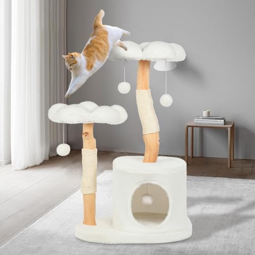 Yungaspy Niedlicher Katzenbaum Turm für Indoor-Katzen Große Erwachsene, Holzblume Katzenbäume mit 2 Pompons, Moderner Katzenturm mit Kratzbaum, Ästhetisches Luxus-Katzenhaus für große Katzen Kätzchen, von Yungaspy