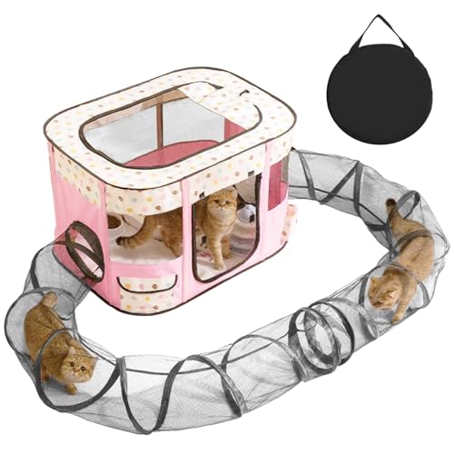 Welpenlaufstall Tierlaufstall, Rosa Welpenlaufstall für Drinnen, Faltbarer Haustierzaun mit Katzentunnel, Welpenauslauf Rechteckiges Zelt, Tragbar Kleintiergehege für Kätzchen, Welpen, Kaninchen (L) von Yunlaishaocer