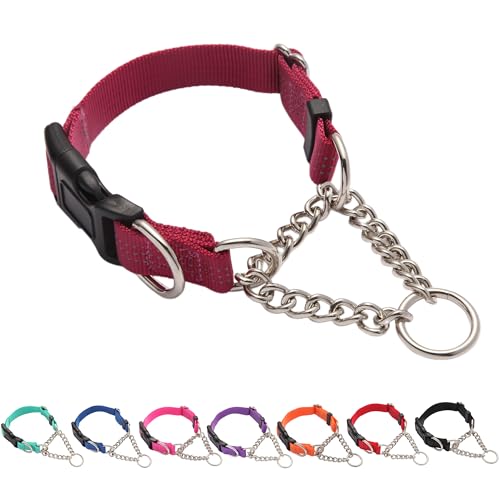 Yunleparks Martingale Hundehalsband mit Schnellverschluss-Schnalle, Stahlkette, kein Ziehen, Training, reflektierendes Halsband für mittelgroße und große Hunde, Weinrot, Größe L von Yunleparks