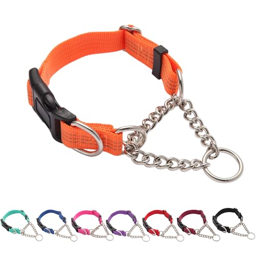 Yunleparks Martingale Hundehalsband mit Schnellverschluss-Schnalle, Stahlkette, kein Ziehen, reflektierend, für mittelgroße und große Hunde (Orange, M) von Yunleparks