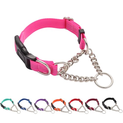 Yunleparks Martingale Hundehalsband mit Schnellverschluss-Schnalle, Stahlkette, kein Ziehen, reflektierend, für mittelgroße und große Hunde (Rosa, L) von Yunleparks