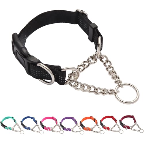 Yunleparks Martingale Hundehalsband mit Schnellverschluss-Schnalle, Stahlkette, kein Ziehen, reflektierend, für mittelgroße und große Hunde (Schwarz, L) von Yunleparks