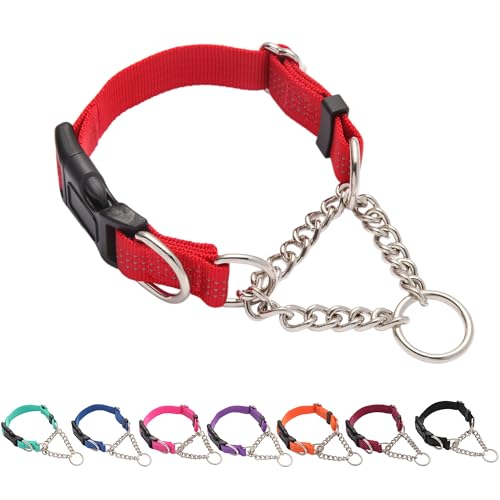 Yunleparks Martingale Hundehalsband mit Schnellverschluss-Schnalle, Stahlkette, kein Ziehen, reflektierendes Halsband für mittelgroße und große Hunde (Rot, L) von Yunleparks